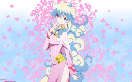 HD desktop wallpaper featuring Nia Teppelin from the anime Tengen Toppa Gurren Lagann, with a colorful background of pink swirls and butterflies against a blue floral pattern.