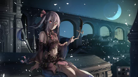 Anime-style HD desktop wallpaper of a mysterious girl with pink hair sitting on a rooftop at night, overlooking a moonlit town under a starry sky.