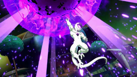 HD desktop wallpaper featuring Frieza from Dragon Ball FighterZ, showing the character in a powerful stance with a dramatic energy blast in the background.