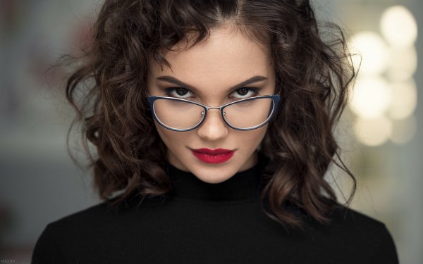 Women Face Model Glass Brunette Brown Eyes Lipstick Stare HD Wallpaper | Background Image