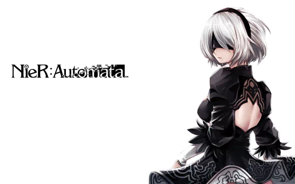 HD desktop wallpaper featuring YoRHa No.2 Type B from the video game NieR: Automata. The white-haired woman warrior with short hair is shown in detailed artwork against a white background.