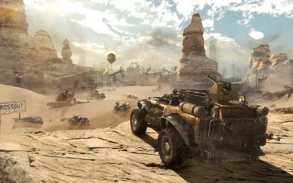 HD PC desktop wallpaper featuring a rugged armored vehicle in a desert wasteland, inspired by the video game Crossout.