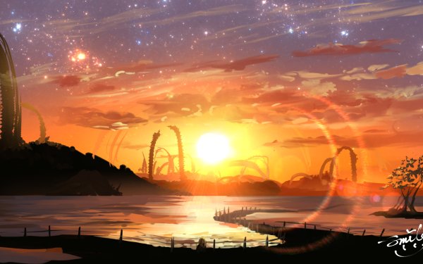 Anime Original Sunshine Cloud Sky Lake Tree Stars HD Wallpaper | Background Image