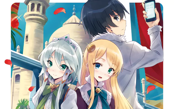 HD desktop wallpaper featuring Lucia Rea Regulus, Yumina Urnea Belfast, and Touya Mochizuki from the anime In Another World With My Smartphone set against a picturesque background.