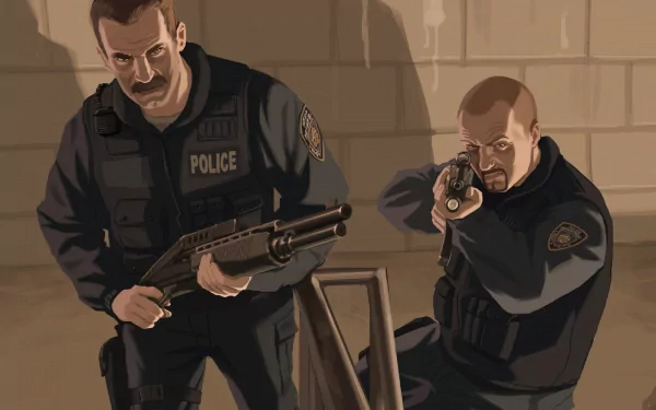 Two police officers are depicted in an action-packed scene, armed and ready, showcasing the intense atmosphere of Grand Theft Auto IV. This HD desktop wallpaper captures their determination.