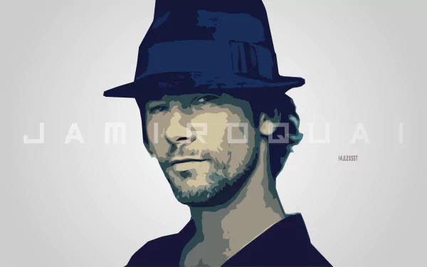 Vector 2K Quad HD desktop wallpaper: stylized portrait of a bearded male singer wearing a dark fedora, muted blue tones and minimalist backdrop with faint white lettering, music-themed face study.