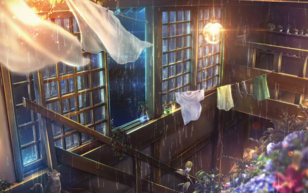 HD anime room wallpaper depicting a rainy night with light bulbs glowing, flowers blooming, clothes hanging, and wooden stairs inside an original anime-style interior.