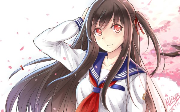 Anime Original School Uniform Red Eyes Cherry Blossom Black Hair Long Hair HD Wallpaper | Background Image