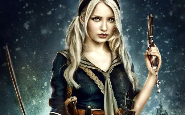 Emily Browning as Babydoll from the movie *Sucker Punch*, depicted in a striking HD wallpaper with an intense expression, holding a gun amidst a snowy backdrop.