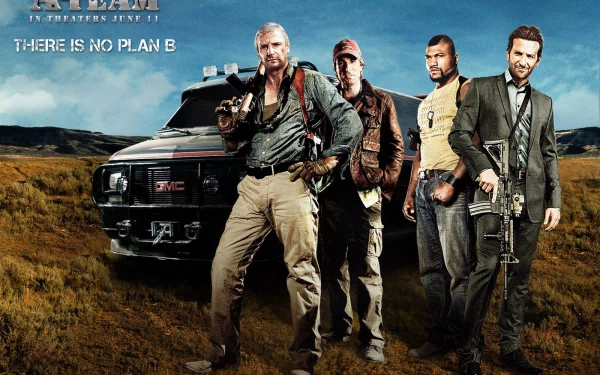 HD desktop wallpaper featuring characters from the movie The A-Team, posing confidently in a rugged landscape with an iconic vehicle in the background.