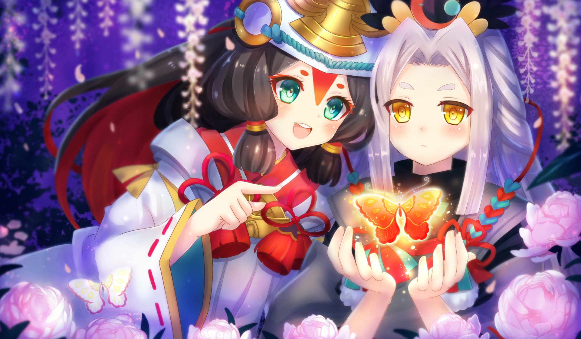 HD anime-style Onmyoji desktop wallpaper featuring two characters holding a glowing butterfly amidst a backdrop of purple wisteria flowers.