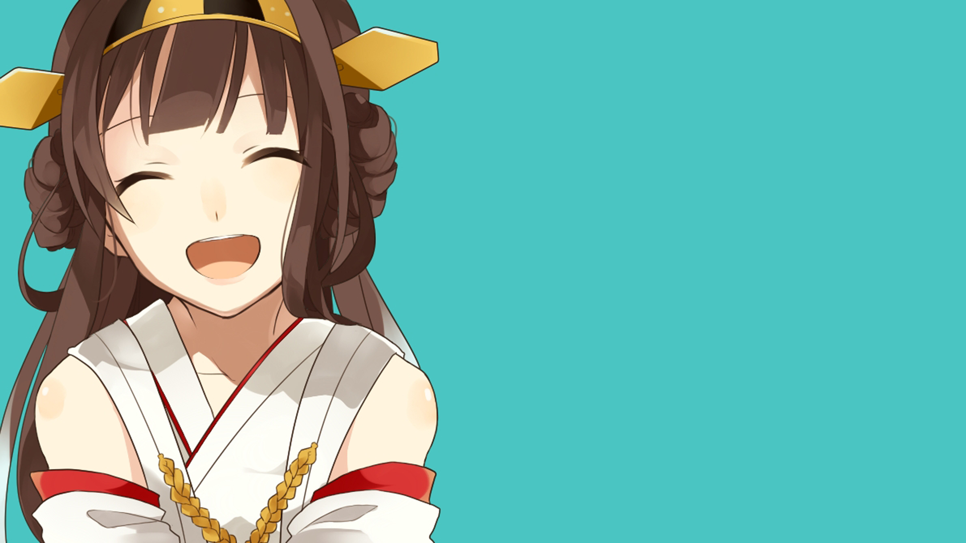 Kongou (Kancolle) from Kantai Collection anime, laughing in a white naval-miko outfit on a teal HD PC desktop wallpaper background.