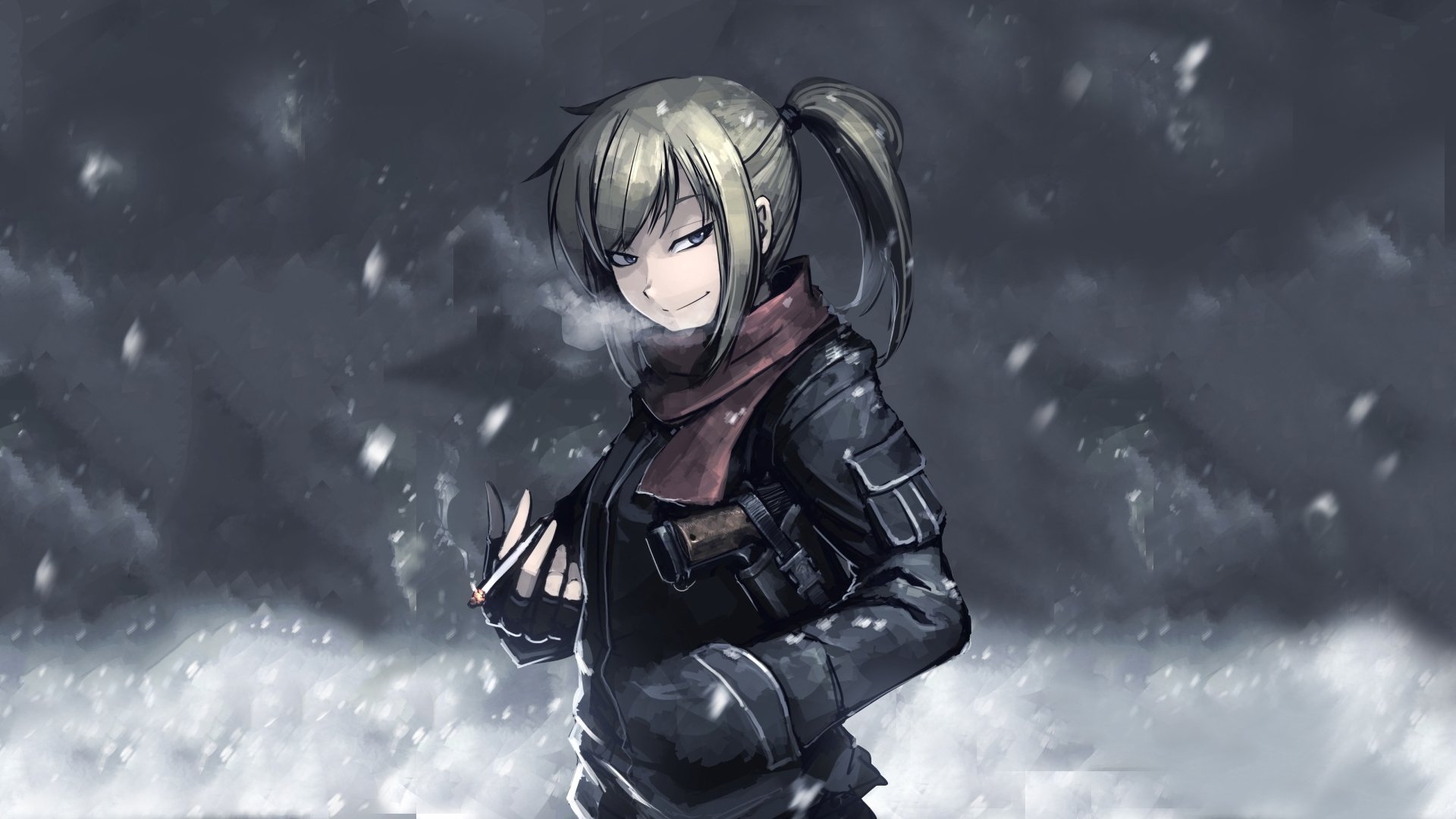 HD PC desktop wallpaper of a military anime girl in tactical gear and scarf, smoking in falling snow — moody winter battlefield background.