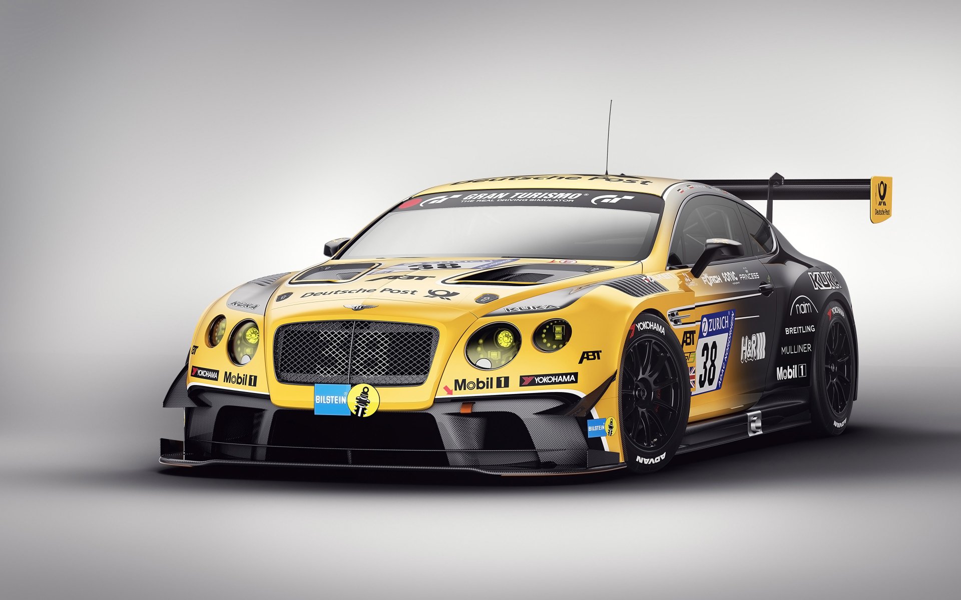 HD desktop wallpaper featuring a yellow and black Bentley Continental race car with various sponsor logos, set against a neutral background.