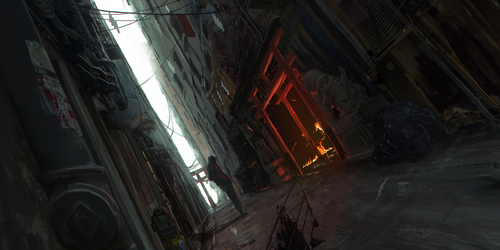 A dramatic anime-inspired alley scene features a sky illuminated by a building fire. The atmosphere is vivid and intense, creating a compelling HD desktop wallpaper.