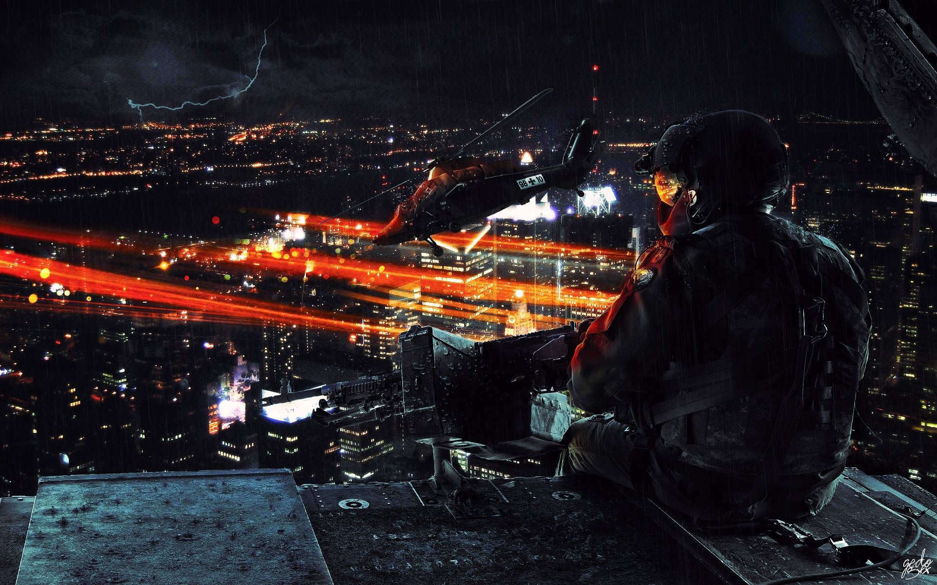 A soldier overlooking a futuristic city as a helicopter flies by, vibrant lights contrasting with the dark sky. Sci-fi cityscape in this HD wallpaper background.
