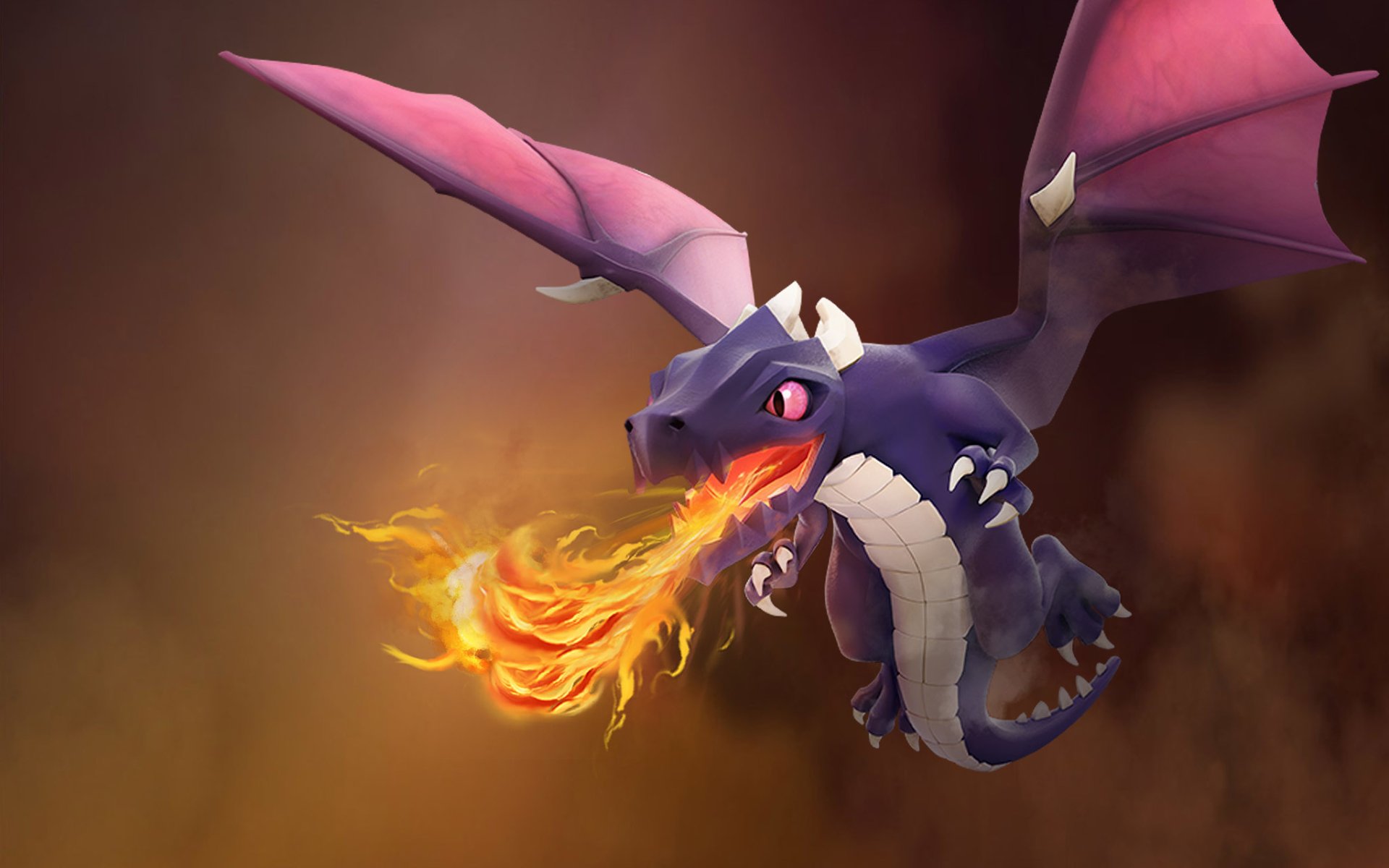 A vivid HD wallpaper featuring a fierce dragon from Clash of Clans, exhaling flames against a dark, smoky background, adding dynamic energy to any desktop setup.
