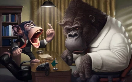 A humorous depiction of an ape and a monkey in an office setting, where the monkey animatedly gestures while the gorilla listens intently. This HD image adds a fun touch to any desktop background.