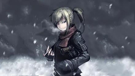 HD PC desktop wallpaper of a military anime girl in tactical gear and scarf, smoking in falling snow — moody winter battlefield background.