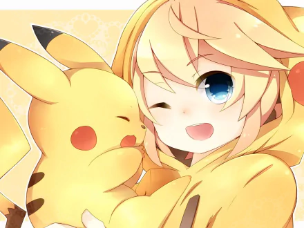 Anime crossover HD wallpaper featuring Len Kagamine from Vocaloid and Pikachu from Pokémon, both wearing Pikachu-themed outfits and sharing a cute, joyful moment.