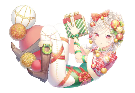 Anime-style Christmas-themed HD wallpaper featuring a white-haired character with red eyes, festive ribbons, boots, bells, and a wrapped gift.