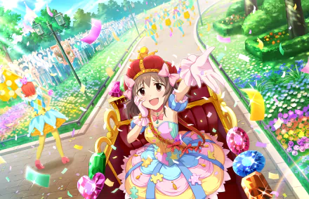 Hinako Kita from THE iDOLM@STER: Cinderella Girls Starlight Stage — anime idol in a pastel frilly outfit on a jewel-studded float, waving amid confetti and flowers; vibrant HD PC desktop wallpaper.