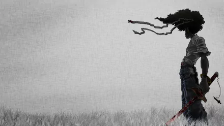 HD anime desktop wallpaper featuring Afro Samurai standing sideways with flowing headband against a textured gray background and tall grass at the bottom.