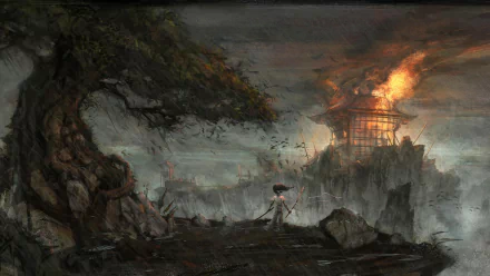 HD PC desktop wallpaper featuring a dark, atmospheric scene from the anime Afro Samurai: Resurrection with a lone figure near a burning structure.