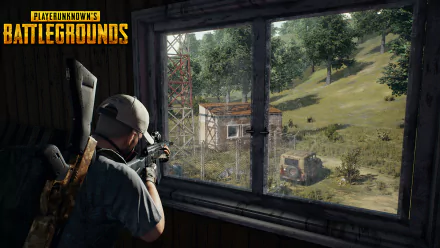 HD desktop wallpaper featuring a PlayerUnknown's Battlegrounds (PUBG) scene with a character aiming a gun out of a window overlooking a landscape.