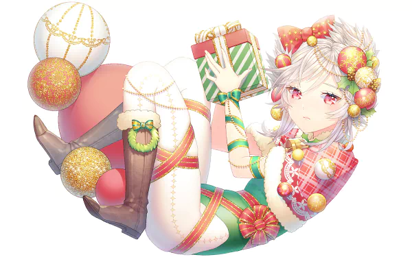 Anime-style Christmas-themed HD wallpaper featuring a white-haired character with red eyes, festive ribbons, boots, bells, and a wrapped gift.
