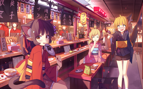 Anime Original Nekomimi Rubia Market Tail Yukata Noche Festival Fondo de pantalla HD | Fondo de Escritorio