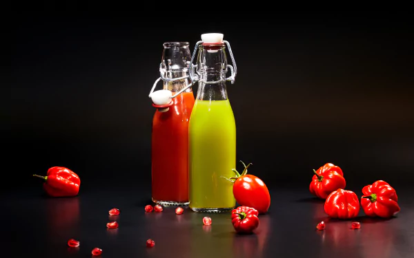 5K Ultra HD PC desktop wallpaper: red and green tomato juices in glass bottles surrounded by fresh tomatoes on a dark surface.