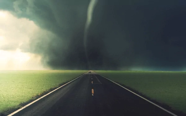 A dramatic scene of a road stretching into the distance, with a tornado spiraling amidst dark storm clouds, capturing the raw power of nature in this stunning HD wallpaper.