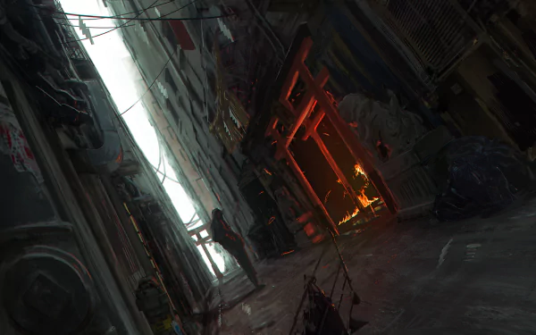 A dramatic anime-inspired alley scene features a sky illuminated by a building fire. The atmosphere is vivid and intense, creating a compelling HD desktop wallpaper.
