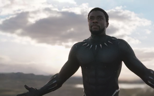 HD desktop wallpaper featuring Chadwick Boseman as Black Panther, standing with arms outstretched against a dramatic sky background.