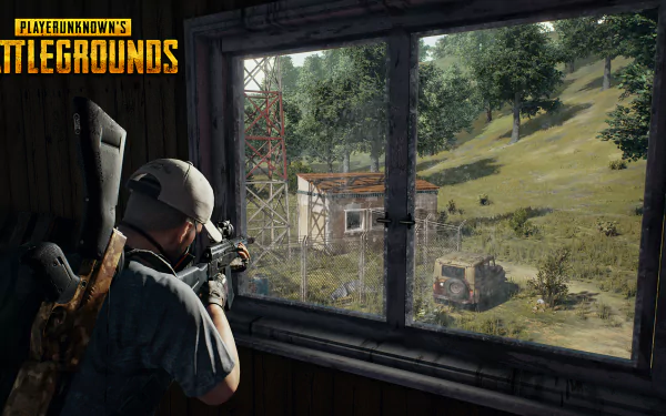 HD desktop wallpaper featuring a PlayerUnknown's Battlegrounds (PUBG) scene with a character aiming a gun out of a window overlooking a landscape.