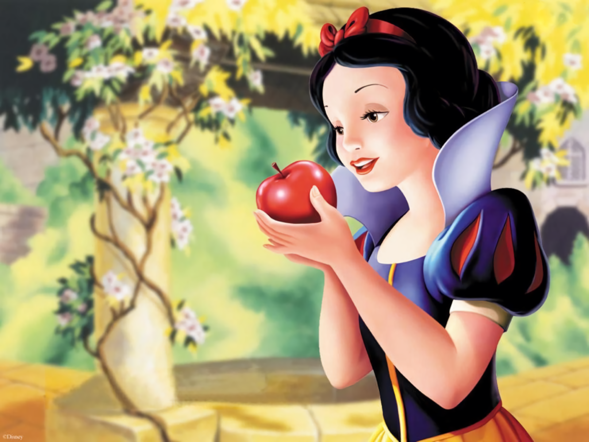 Snow White sitting in a picturesque winter landscape