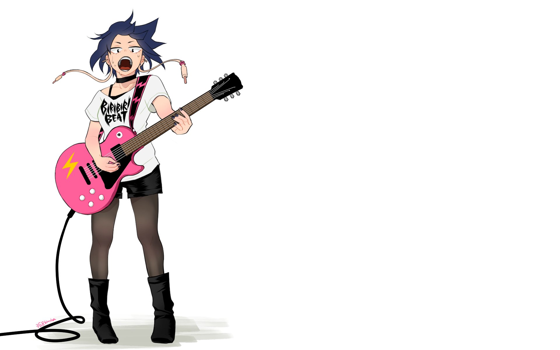 Kyōka Jirō from My Hero Academia singing and playing a pink electric guitar on a white background — HD anime PC desktop wallpaper/background.