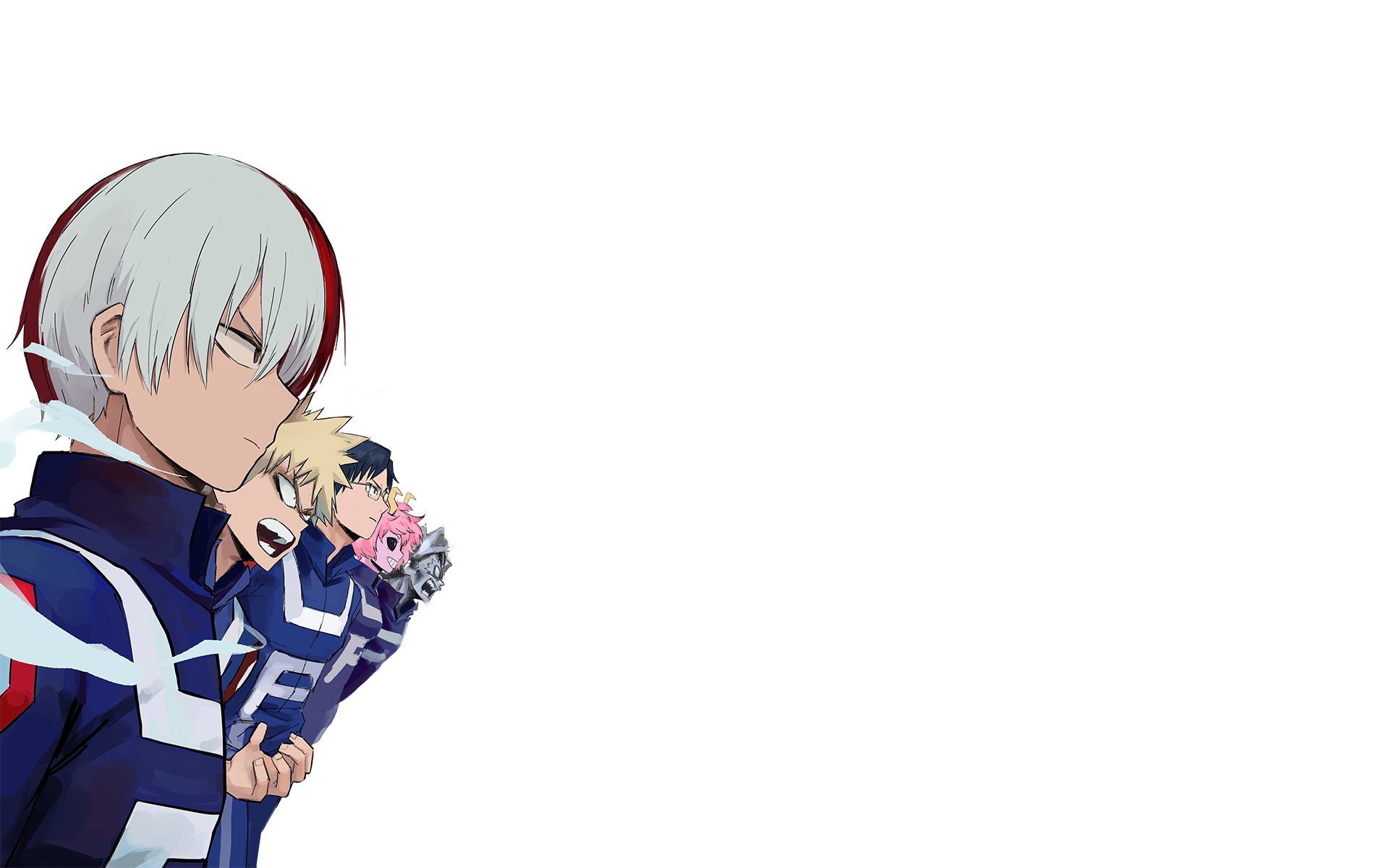 HD PC desktop wallpaper featuring anime characters Tetsutetsu Tetsutetsu, Tenya Iida, Mina Ashido, Katsuki Bakugou, and Shoto Todoroki from My Hero Academia.