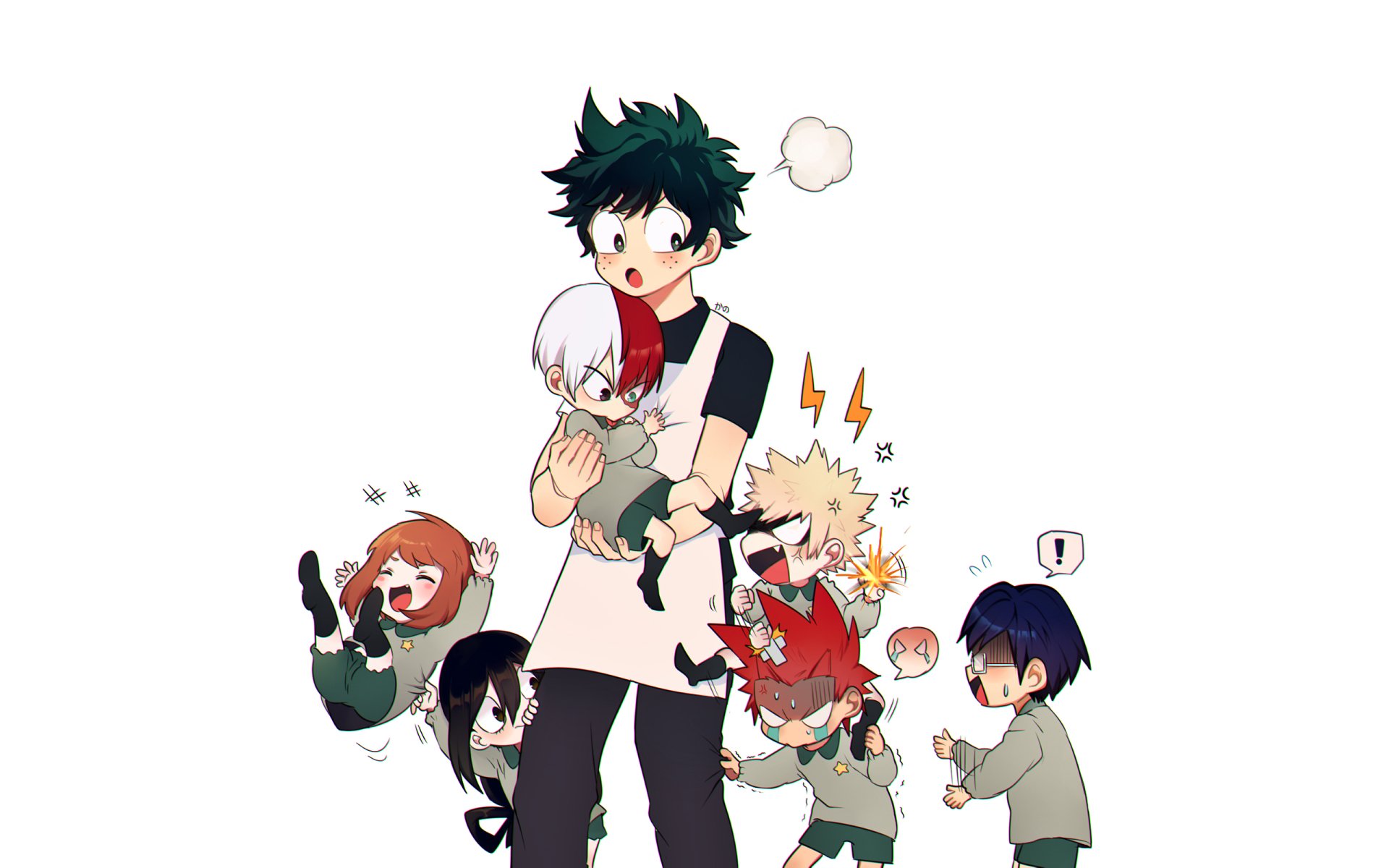 HD PC desktop wallpaper featuring Izuku Midoriya and other chibi-style characters from the anime My Hero Academia in a playful group scene.