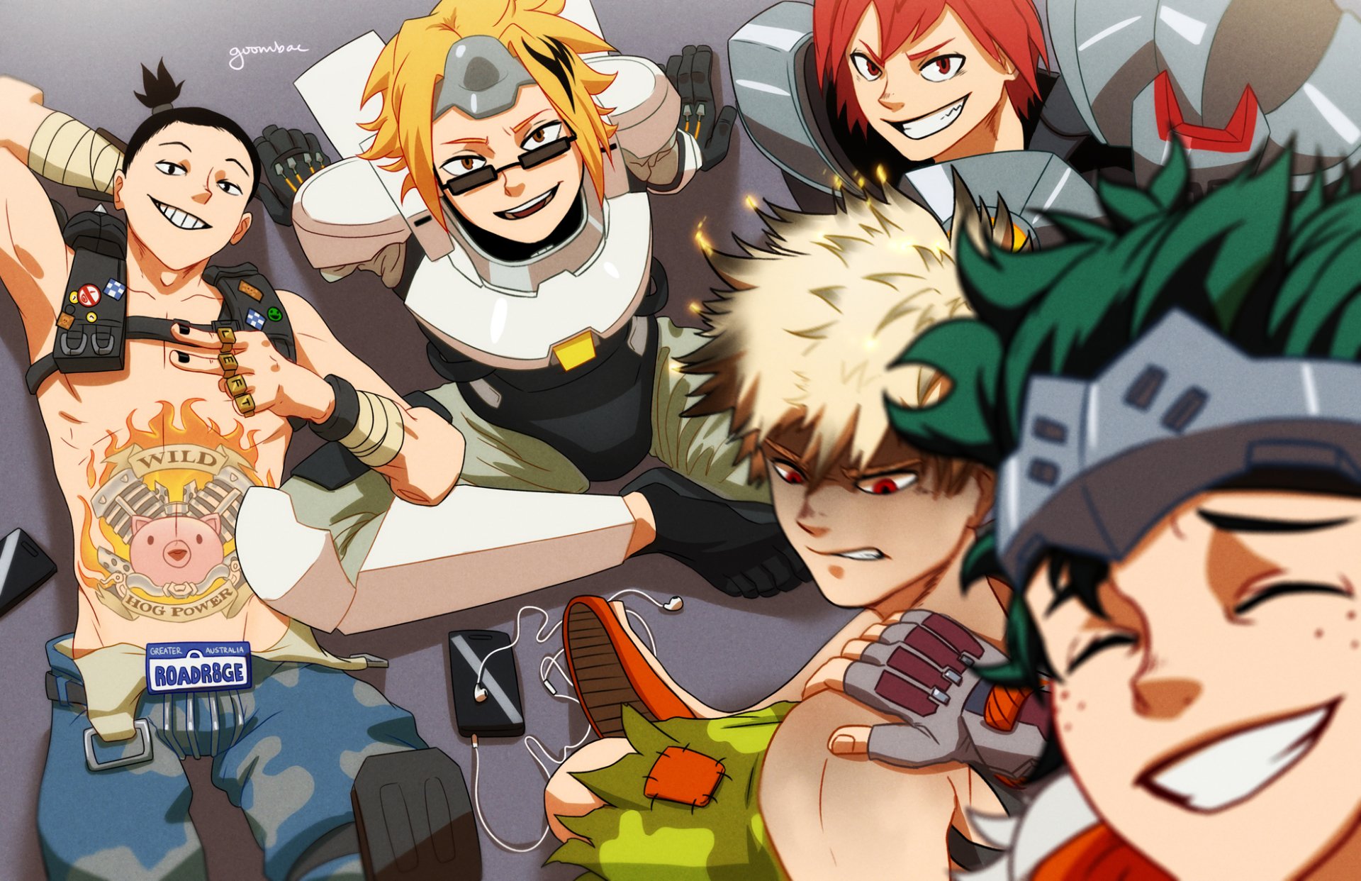 HD PC wallpaper featuring My Hero Academia characters Katsuki Bakugou, Izuku Midoriya, Eijiro Kirishima, and Denki Kaminari in a dynamic crossover with Overwatch style.