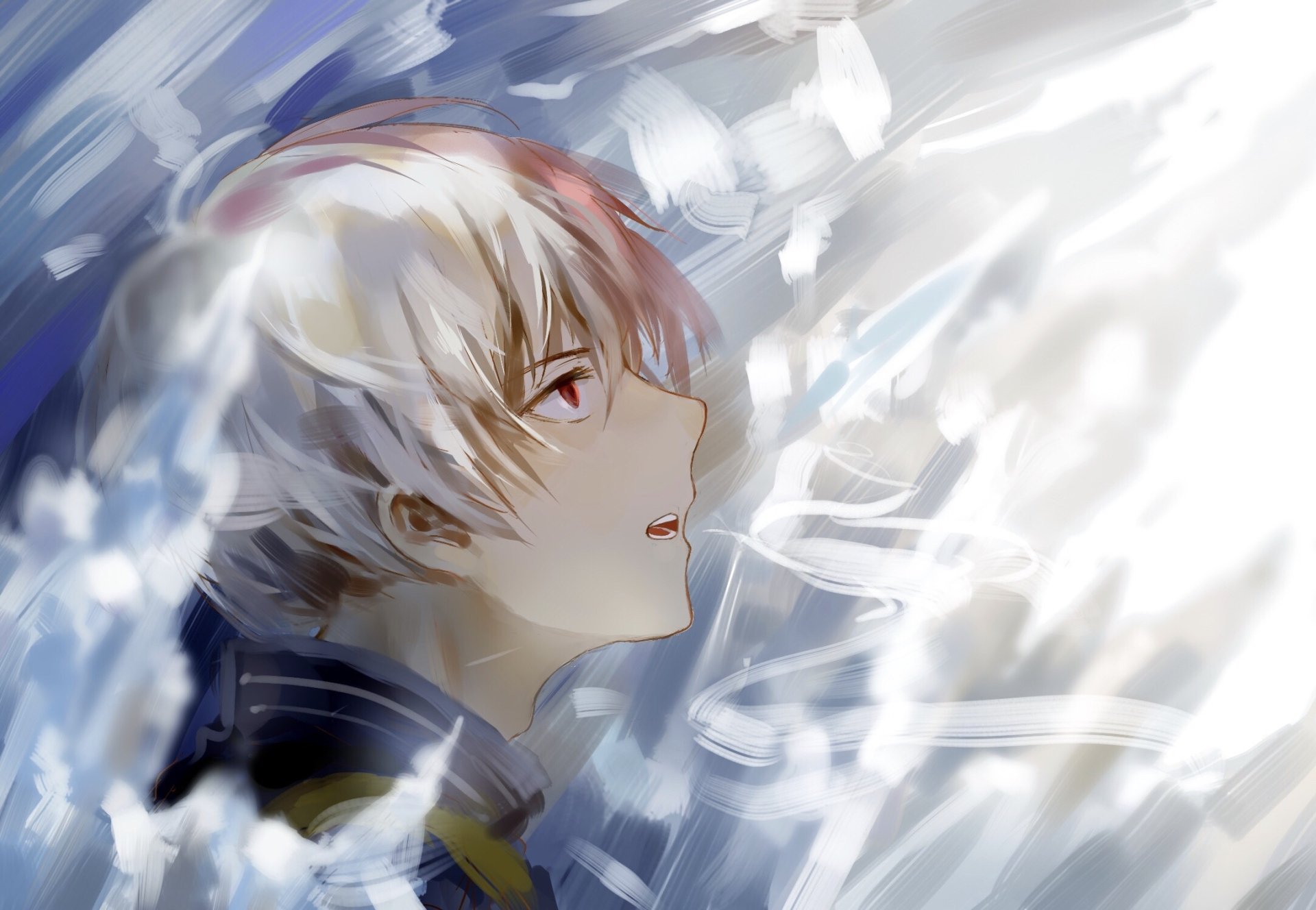 HD anime wallpaper featuring Shoto Todoroki from My Hero Academia, showcasing his icy breath and signature dual-colored hair against a dynamic, cold-toned background.