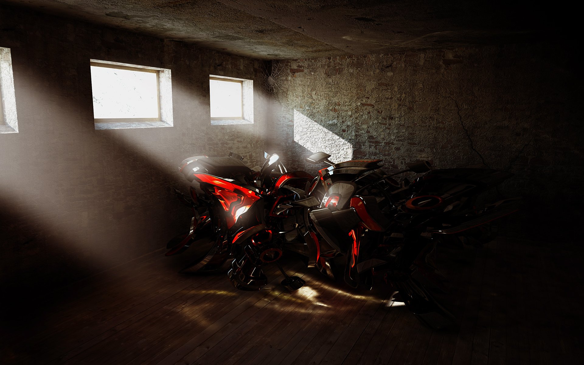 Dark, artistic HD PC desktop wallpaper featuring an abstract, moody scene of motorcycles in a dimly lit, enclosed space with dramatic light beams.