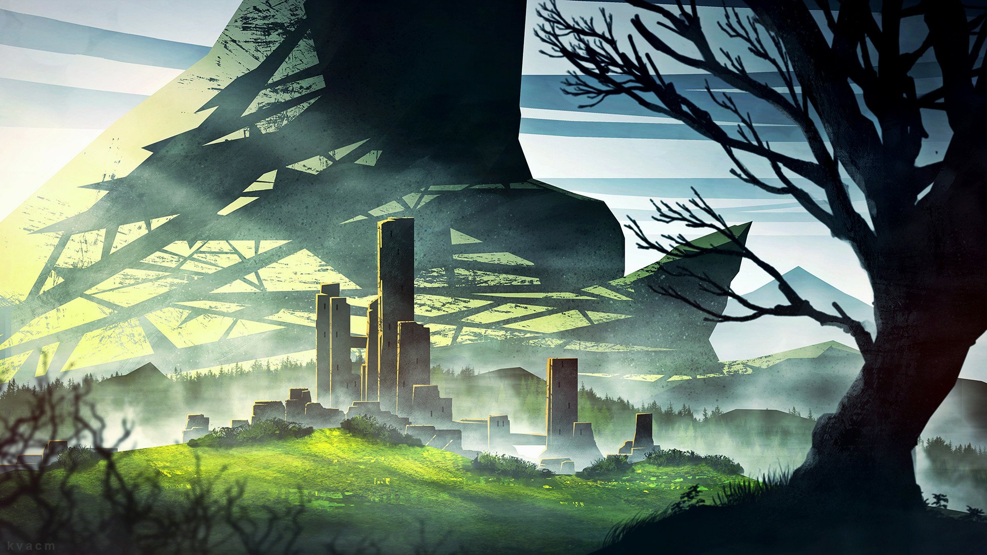 Download Fog Grass Field Tree Mountain Building Anime Landscape Anime ...