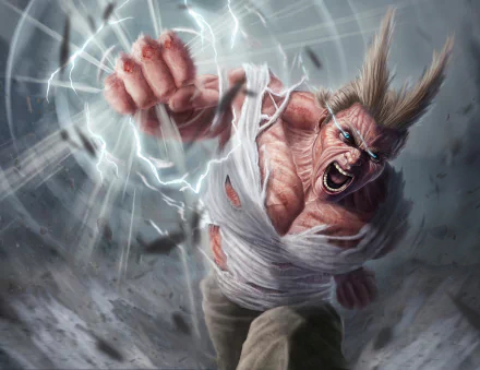 HD desktop wallpaper of All Might from My Hero Academia, depicted angrily punching with glowing blue eyes and lightning surrounding, showcasing his fierce strength.