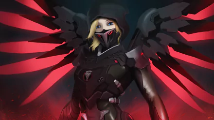 HD desktop wallpaper featuring Mercy, a character from the video game Overwatch, dressed in a dark, futuristic outfit with red and black wings.