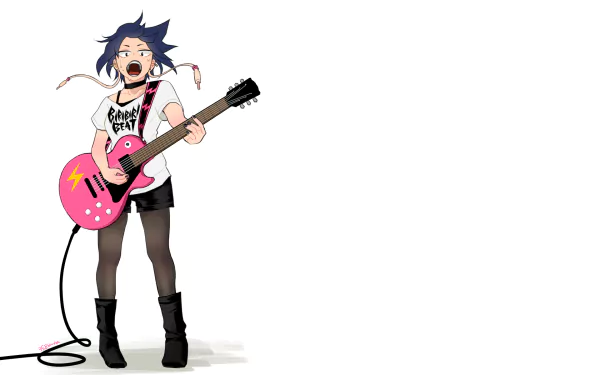 Kyōka Jirō from My Hero Academia singing and playing a pink electric guitar on a white background — HD anime PC desktop wallpaper/background.