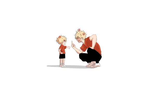 HD desktop wallpaper featuring Katsuki Bakugou from My Hero Academia, showing an interaction between his younger and older self, both wearing red shirts, a creative and intriguing portrayal of character growth.