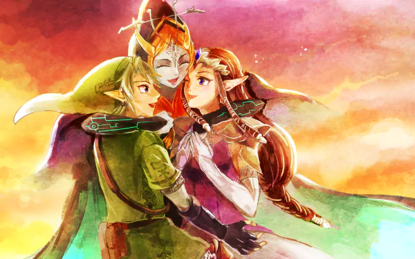 HD desktop wallpaper featuring Link, Princess Zelda, and Midna from The Legend of Zelda: Twilight Princess sharing a warm hug against a vibrant sky backdrop.