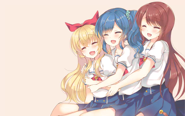 HD anime desktop wallpaper featuring Aoi Kiriya, Ran Shibuki, and Ichigo Hoshimiya from Aikatsu! smiling and embracing against a soft pastel background.
